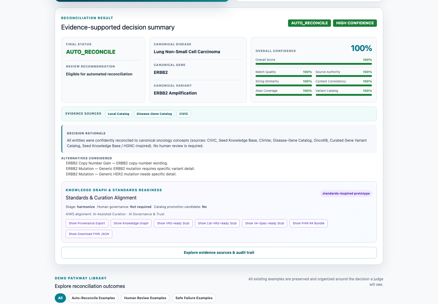 OncoReconcile single-record reconciliation result