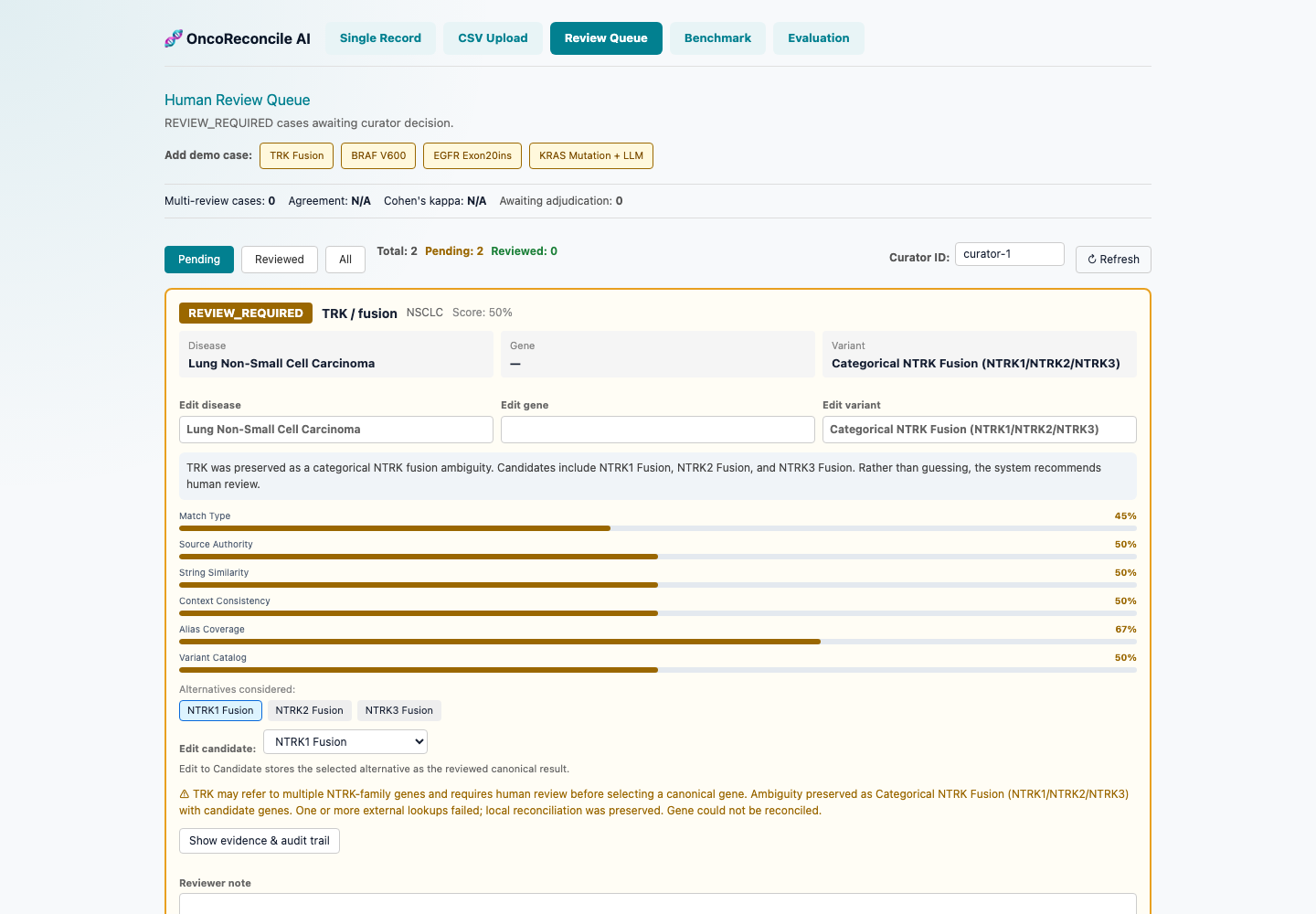 OncoReconcile human review queue