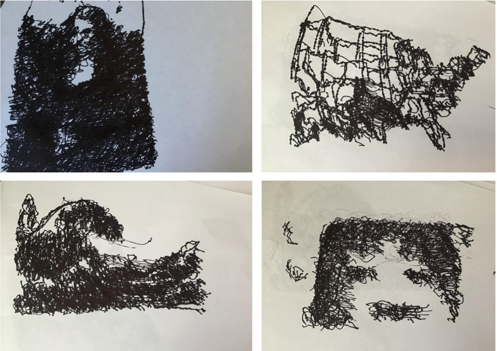 pen plotter output: four bitmap sketches