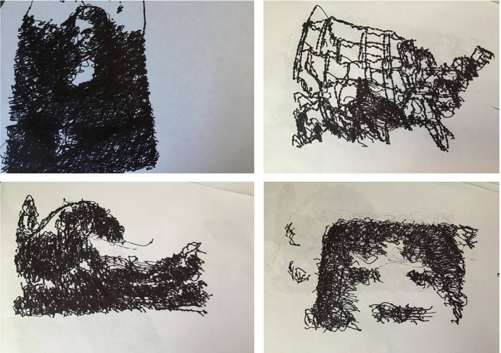 Pen plotter output: four bitmap sketches