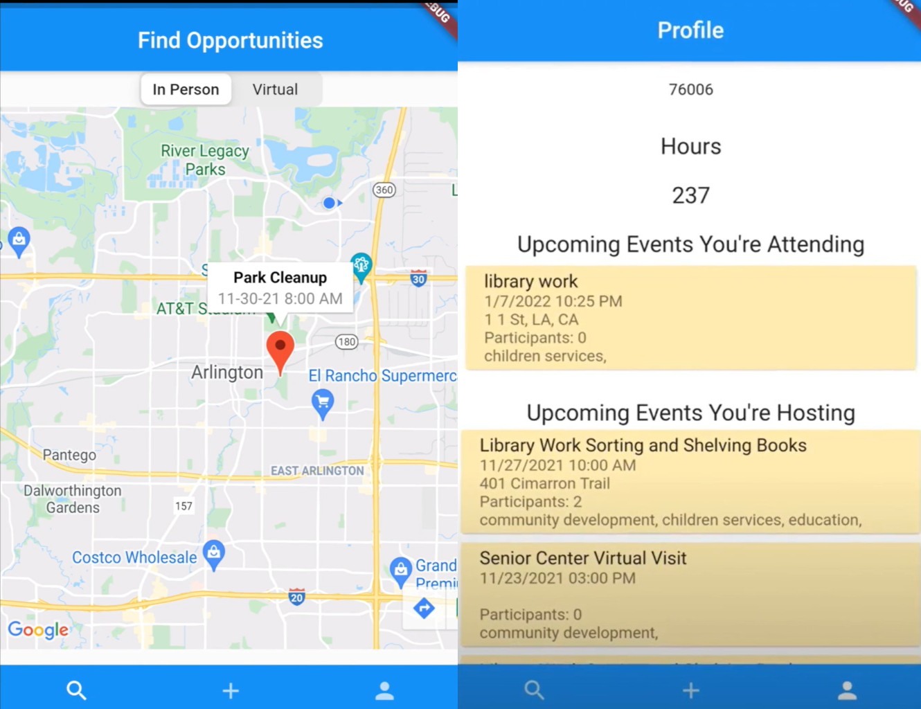 volunteen app: find opportunities map and profile screens