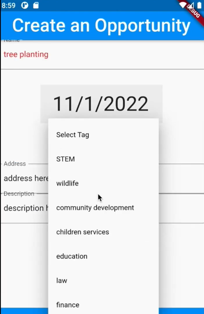 VolunTEEN create opportunities screen